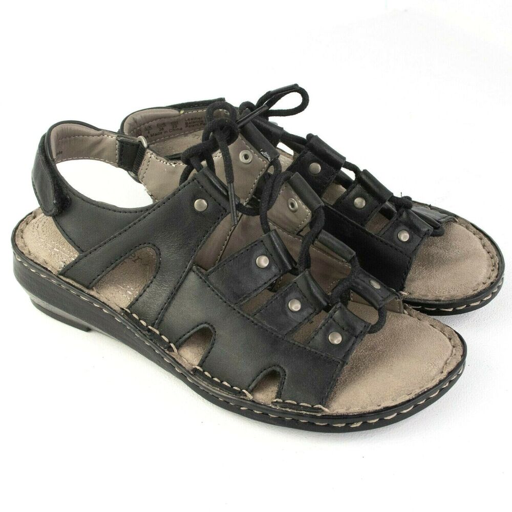 NATURALIZER N5 Leona Comfort Lace Up Sandals Black Leather SIZE 6